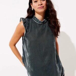 LOFT Gray Green Velvet High Neck Ruffle Sleeveless Shell Top size  X Small